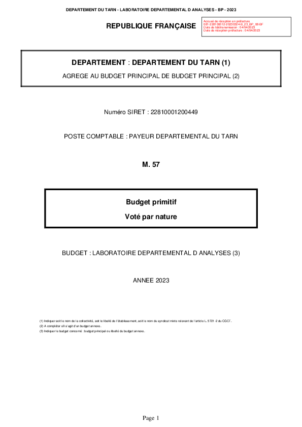 Budget Primitif - 2023 - Laboratoire Départemental d'Analyses - Département du Tarn