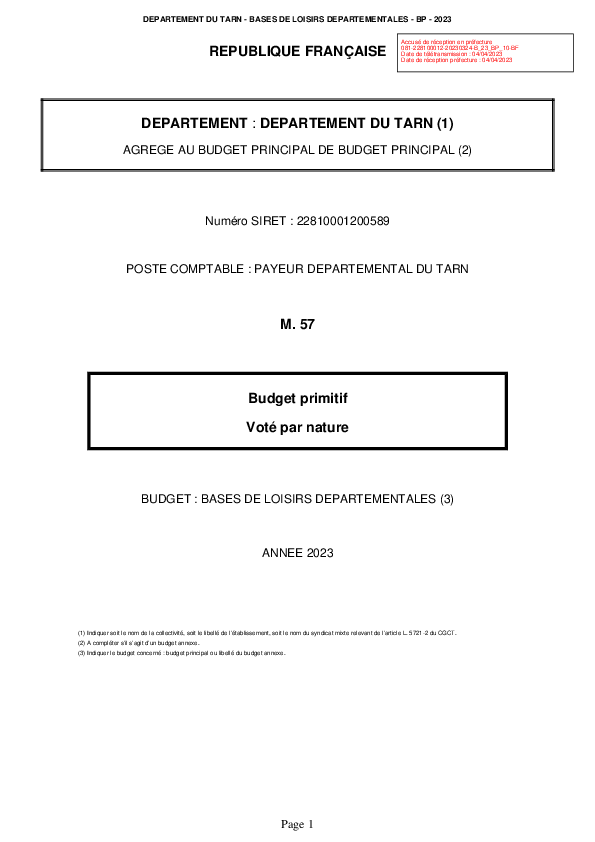 Budget Primitif - 2023 - Bases de loisirs départementales - Département du Tarn